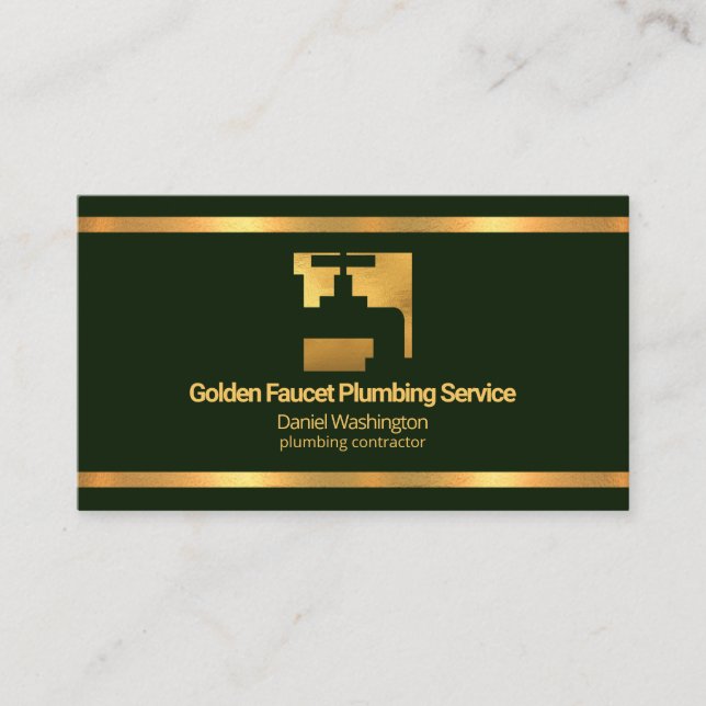 Faux Gold Borders Faucet Emerald Green Plumber Business Card (Front)