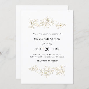 Faux Gold Botanical Line Drawings Wedding Invitation
