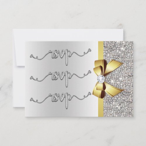 Faux Gold Bow Silver Sequins RSVP Wedding