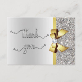 Faux Gold Bow Silver Sequins Thank You Wedding Card