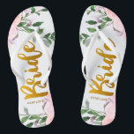 Faux Gold Bride Script Chic Floral with Name Flip Flops<br><div class="desc">Lovely pink and purple watercolor floral and greenery wedding design,  with faux gold bride typography script and bride's name.</div>