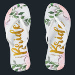 Faux Gold Bride Script Chic Floral with Name Flip Flops<br><div class="desc">Lovely pink and purple watercolor floral and greenery wedding design,  with faux gold bride typography script and bride's name.</div>