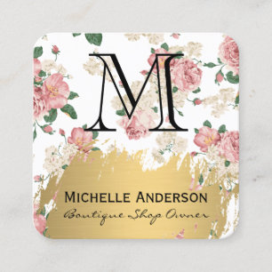 Faux Gold Brushed Classic Monogram Vintage Flower Square Business Card
