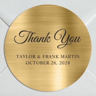 Faux Gold Brushed Metal Foil Wedding Thank You Classic Round Sticker