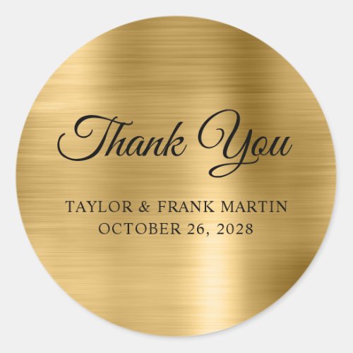 Faux Gold Brushed Metal Foil Wedding Thank You Classic Round Sticker