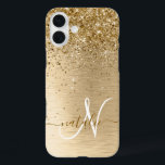 Faux Gold Brushed Metal Glitter Monogram Name iPhone 16 Plus Case<br><div class="desc">Easily personalize this trendy chic phone case design featuring pretty gold sparkling glitter on a gold brushed metallic background.</div>