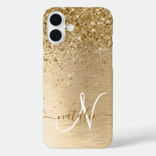 Faux Gold Brushed Metal Glitter Monogram Name iPhone 16 Plus Case