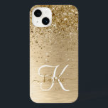 Faux Gold Brushed Metal Glitter Monogram Name iPhone 14 Plus Case<br><div class="desc">Easily personalize this trendy chic iPhone case design featuring pretty gold sparkling glitter on a gold brushed metallic background.</div>