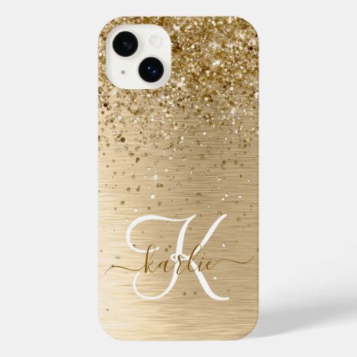 Faux Gold Brushed Metal Glitter Monogram Name iPhone 14 Plus Case
