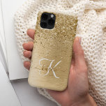 Faux Gold Brushed Metal Glitter Monogram Name iPhone 14 Pro Case<br><div class="desc">Easily personalize this trendy chic iPhone case design featuring pretty gold sparkling glitter on a gold brushed metallic background.</div>