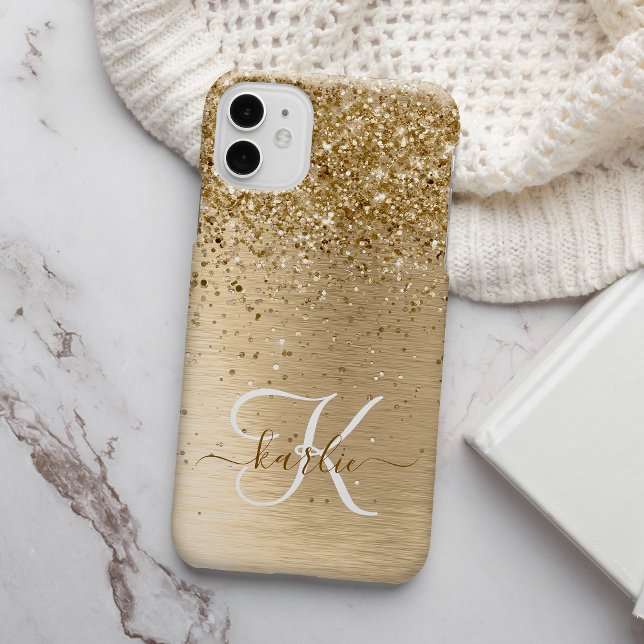 Faux Gold Brushed Metal Glitter Monogram Name iPhone Case (Creator Uploaded)