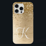 Faux Gold Brushed Metal Glitter Monogram Name iPhone 15 Pro Max Case<br><div class="desc">Easily personalize this trendy chic iPhone case design featuring pretty gold sparkling glitter on a gold brushed metallic background.</div>
