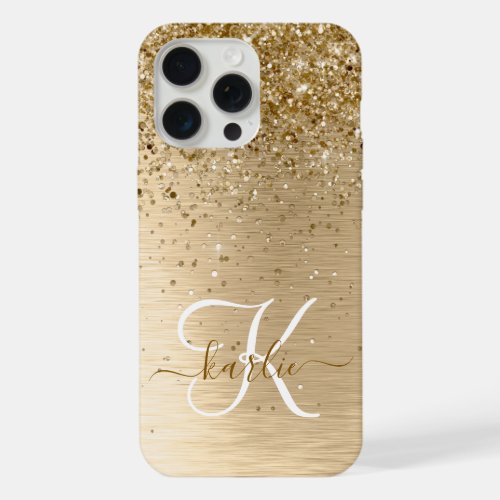 Faux Gold Brushed Metal Glitter Monogram Name iPhone 15 Pro Max Case