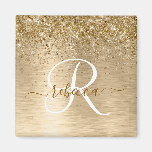 Faux Gold Brushed Metal Glitter Monogram Name Magnet