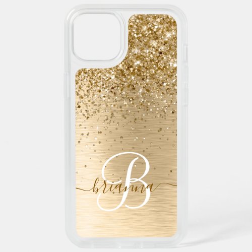 Faux Gold Brushed Metal Glitter Monogram Name iPhone 15 Plus Case