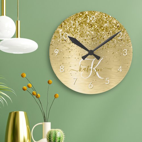 Faux Gold Brushed Metal Glitter Monogram Name Round Clock