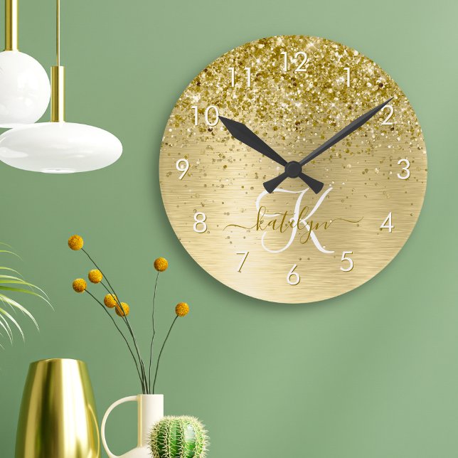 Faux Gold Brushed Metal Glitter Monogram Name Round Clock (Creator Uploaded)