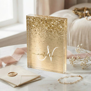 Faux Gold Brushed Metal Glitter Print Monogram Acrylic Award