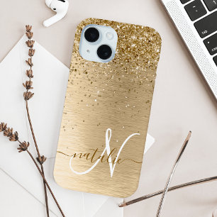 Faux Gold Brushed Metal Glitter Print Monogram iPhone 15 Case