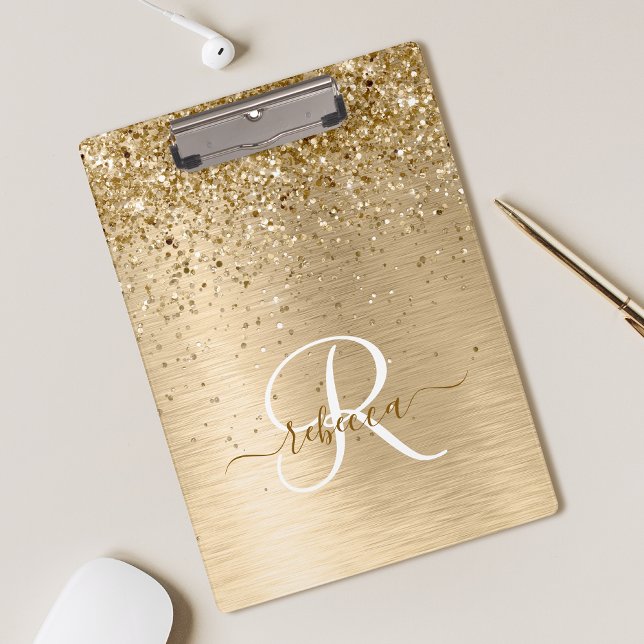 Faux Gold Brushed Metal Glitter Print Monogram Clipboard (Creator Uploaded)