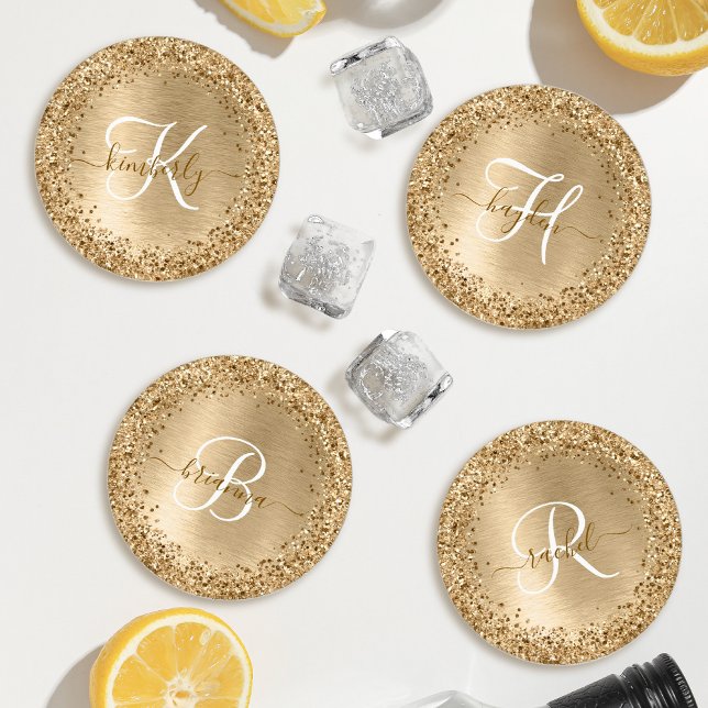  Faux Gold Brushed Metal Glitter Print Monogram Coaster Set (Creator Uploaded)