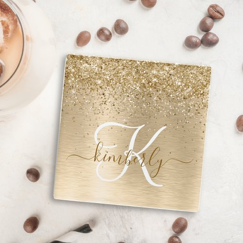 Faux Gold Brushed Metal Glitter Print Monogram Glass Coaster