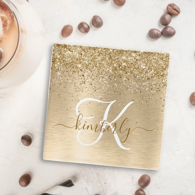 Faux Gold Brushed Metal Glitter Print Monogram Glass Coaster (Creator Uploaded)