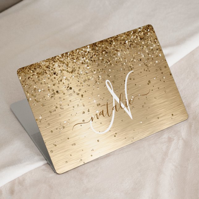 Faux Gold Brushed Metal Glitter Print Monogram HP Laptop Skin (Creator Uploaded)