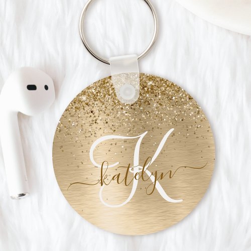 Faux Gold Brushed Metal Glitter Print Monogram Keychain