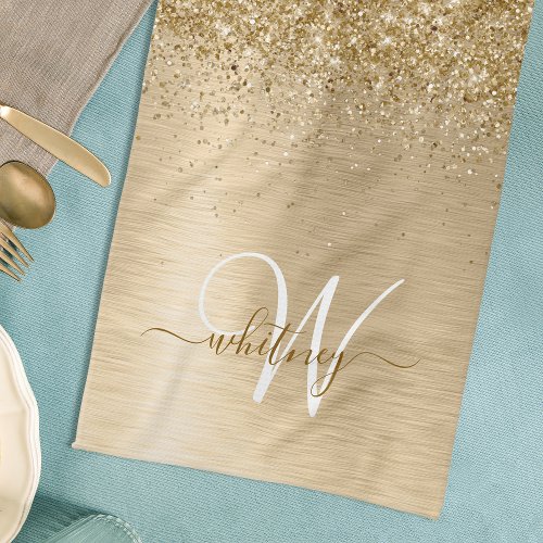 Faux Gold Brushed Metal Glitter Print Monogram Kitchen Towel