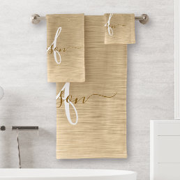  Faux Gold Brushed Metal Glitter Print Monogram Na Bath Towel Set