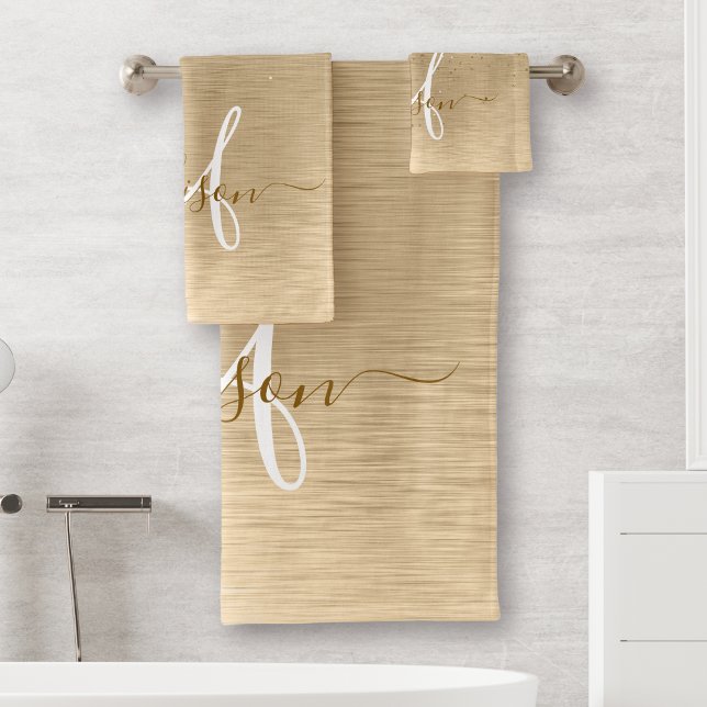  Faux Gold Brushed Metal Glitter Print Monogram Na Bath Towel Set (Creator Uploaded)