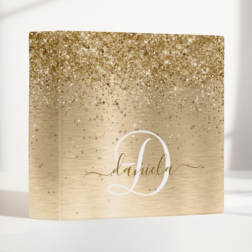 Faux Gold Brushed Metal Glitter Print Monogram Nam 3 Ring Binder