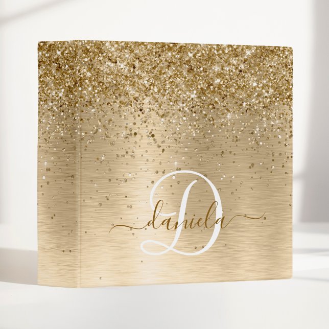 Faux Gold Brushed Metal Glitter Print Monogram Nam 3 Ring Binder (Creator Uploaded)