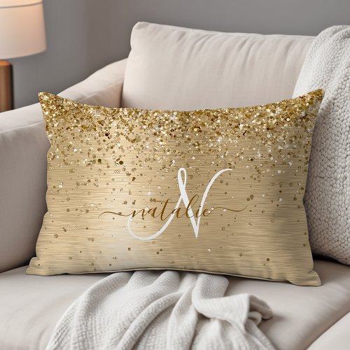 Faux Gold Brushed Metal Glitter Print Monogram Nam Accent Pillow