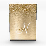 Faux Gold Brushed Metal Glitter Print Monogram Nam Acrylic Award<br><div class="desc">Easily personalize this trendy chic acrylic award design featuring pretty gold sparkling glitter on a gold brushed metallic background.</div>