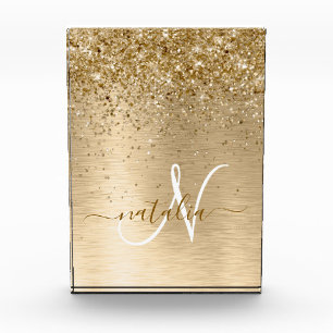 Faux Gold Brushed Metal Glitter Print Monogram Nam Acrylic Award