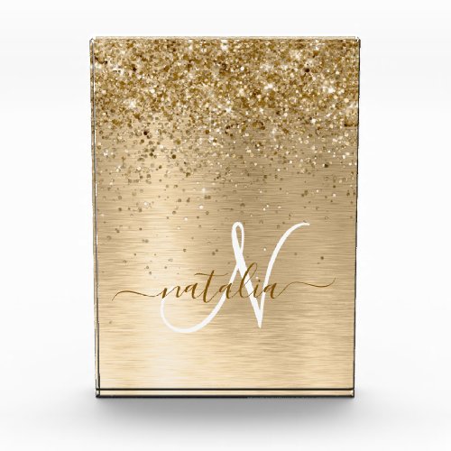 Faux Gold Brushed Metal Glitter Print Monogram Nam Acrylic Award