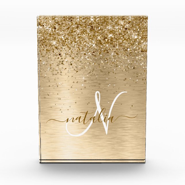 Faux Gold Brushed Metal Glitter Print Monogram Nam Acrylic Award (Front)