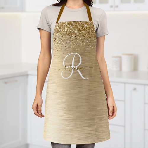 Faux Gold Brushed Metal Glitter Print Monogram Nam Apron