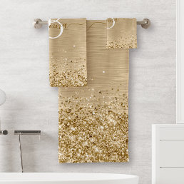 Faux Gold Brushed Metal Glitter Print Monogram Nam Bath Towel Set