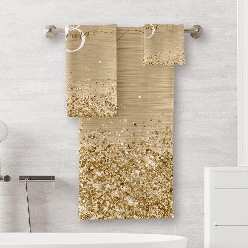 Faux Gold Brushed Metal Glitter Print Monogram Nam Bath Towel Set