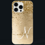 Faux Gold Brushed Metal Glitter Print Monogram Nam iPhone 16 Pro Max Case<br><div class="desc">Easily personalize this trendy chic phone case design featuring pretty gold sparkling glitter on a gold brushed metallic background.</div>