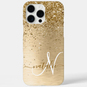 Faux Gold Brushed Metal Glitter Print Monogram Nam iPhone 16 Pro Max Case