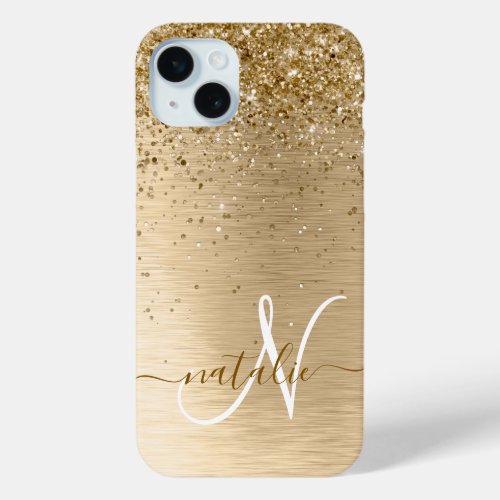 Faux Gold Brushed Metal Glitter Print Monogram Nam iPhone 15 Plus Case