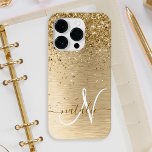 Faux Gold Brushed Metal Glitter Print Monogram Nam Case-Mate iPhone 14 Pro Case<br><div class="desc">Easily personalize this trendy chic phone case design featuring pretty gold sparkling glitter on a gold brushed metallic background.</div>
