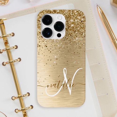 Faux Gold Brushed Metal Glitter Print Monogram Nam Case_Mate iPhone 14 Pro Case