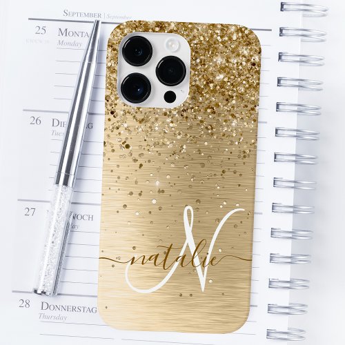 Faux Gold Brushed Metal Glitter Print Monogram Nam Case_Mate iPhone 14 Pro Max Case