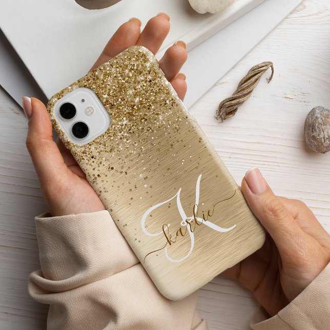 Faux Gold Brushed Metal Glitter Print Monogram Nam Case-Mate iPhone Case (Creator Uploaded)