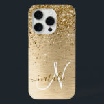 Faux Gold Brushed Metal Glitter Print Monogram Nam iPhone 15 Pro Case<br><div class="desc">Easily personalize this trendy chic phone case design featuring pretty gold sparkling glitter on a gold brushed metallic background.</div>
